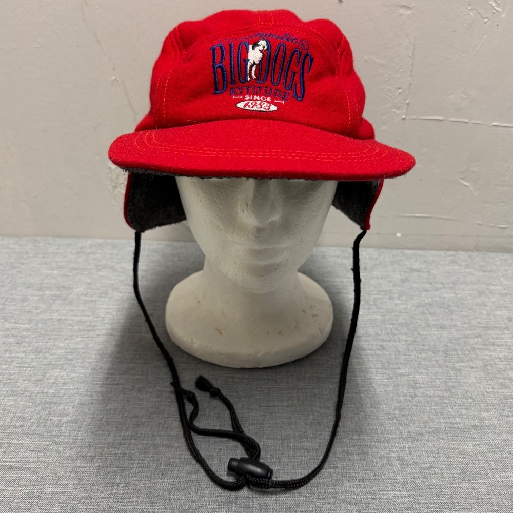 Big Dogs Camper Hat Unisex OS Red Wool Blend 90s Vintage Ear Flaps Chin Strap